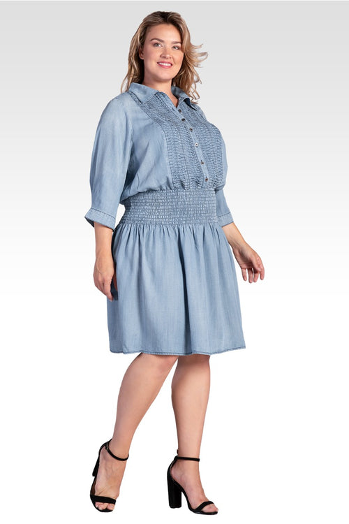 Felis Women's Plus Size Tencel Smocked Waist Midi Shirt Dress