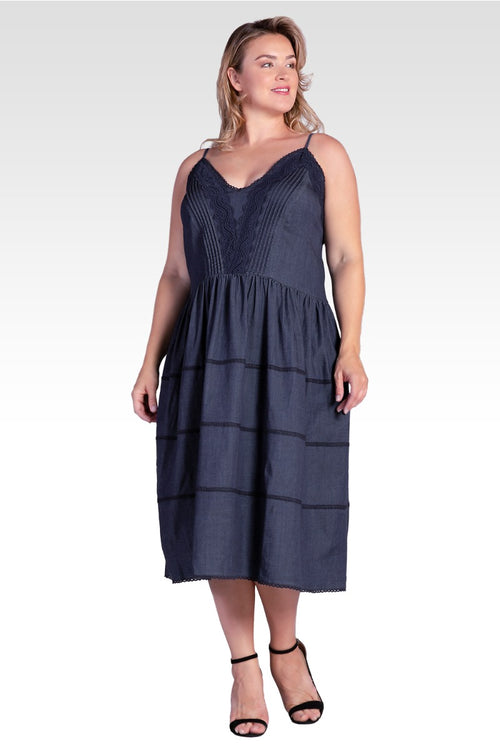 Azha Women's Plus Size Lace Trim Tencel Midi Dress