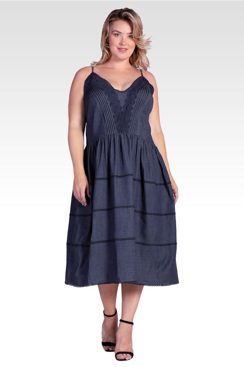 Azha Women's Plus Size Lace Trim Tencel Midi Dress