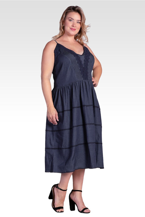 Azha Women's Plus Size Lace Trim Tencel Midi Dress