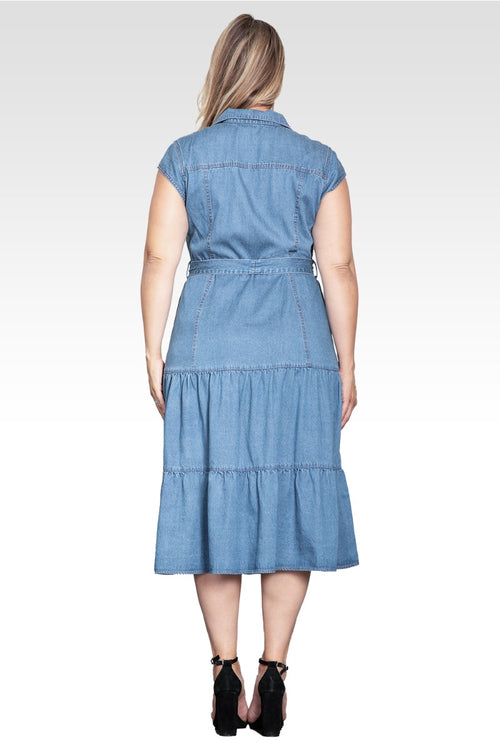 Marisol Women's Plus Size A-Line Tiered Denim Midi Dress