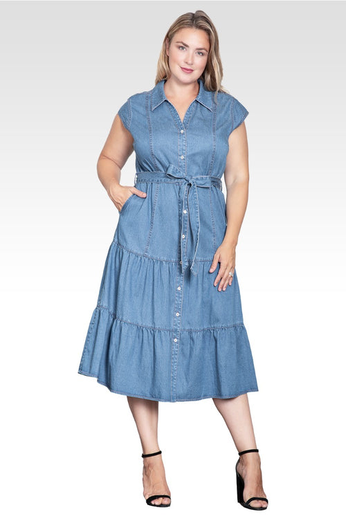 Marisol Women's Plus Size A-Line Tiered Denim Midi Dress