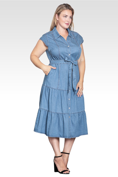 Marisol Women's Plus Size A-Line Tiered Denim Midi Dress