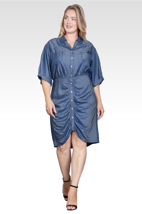 Anouk Women's Plus Size Ruched Tencel Denim Mini Shirt Dress