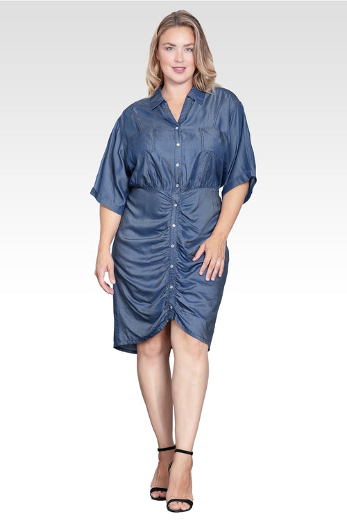 Anouk Women's Plus Size Ruched Tencel Denim Mini Shirt Dress