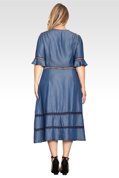 Elara Women's Plus Size Lace Detailing Trim Tencel Denim Dress