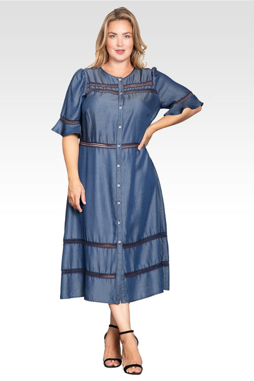 Elara Women's Plus Size Lace Detailing Trim Tencel Denim Dress