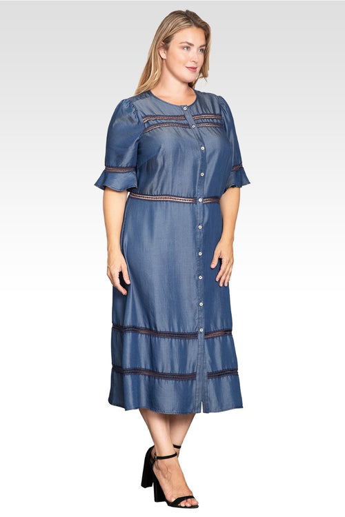 Elara Women's Plus Size Lace Detailing Trim Tencel Denim Dress