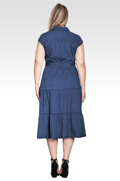 Marisol Women's Plus Size A-Line Tiered Denim Midi Dress-Dark
