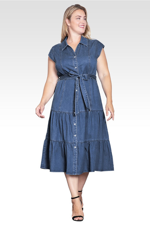 Marisol Women's Plus Size A-Line Tiered Denim Midi Dress-Dark