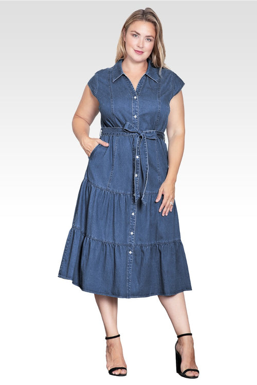 Marisol Women's Plus Size A-Line Tiered Denim Midi Dress-Dark