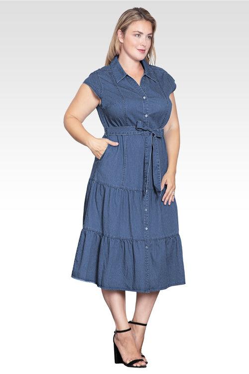 Marisol Women's Plus Size A-Line Tiered Denim Midi Dress-Dark