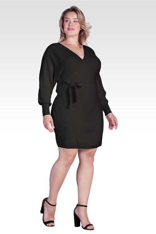 Ursa Women's Plus Size V-Back Full Sleeve Sweater  Knit Mini Dress