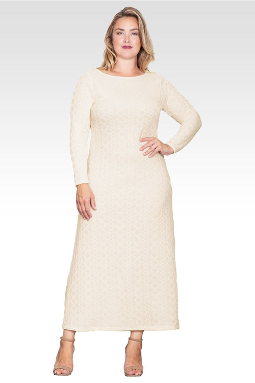Nyla Women's Plus Size Ivory Knit Boat Neck Crochet Maxi Dress