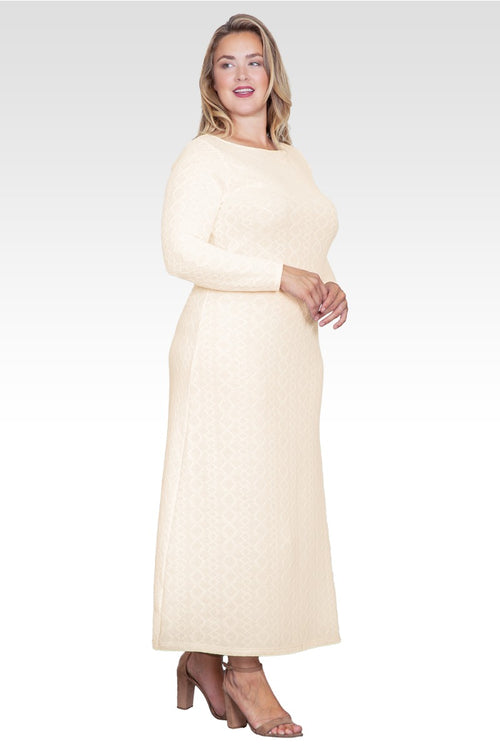 Nyla Women's Plus Size Ivory Knit Boat Neck Crochet Maxi Dress