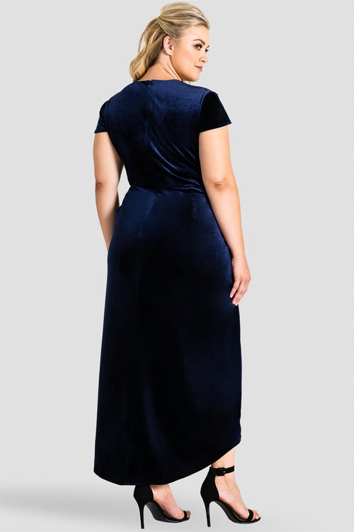 Plus Size Luna Plunging Neck Velvet High-Low Tulip Dress - Midnight Blue