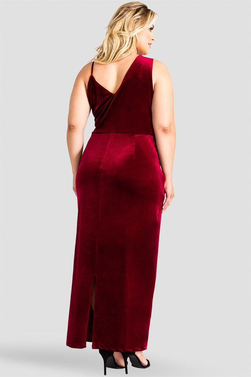 Plus Size Asymmetrical Strap Burgundy Red Velvet Maxi Dress