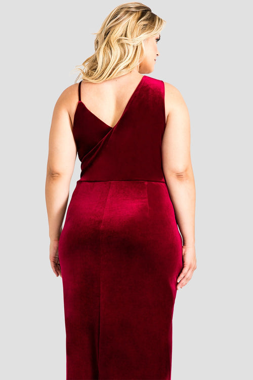 Plus Size One Shoulder Burgundy Red Velvet Maxi Dress