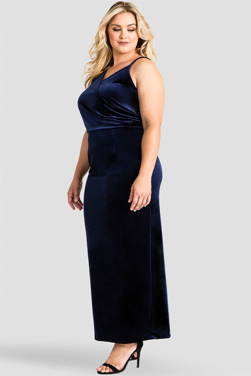 Plus Size Reagan Maxi Asymmetrical Velvet Dress - Midnight Blue Side