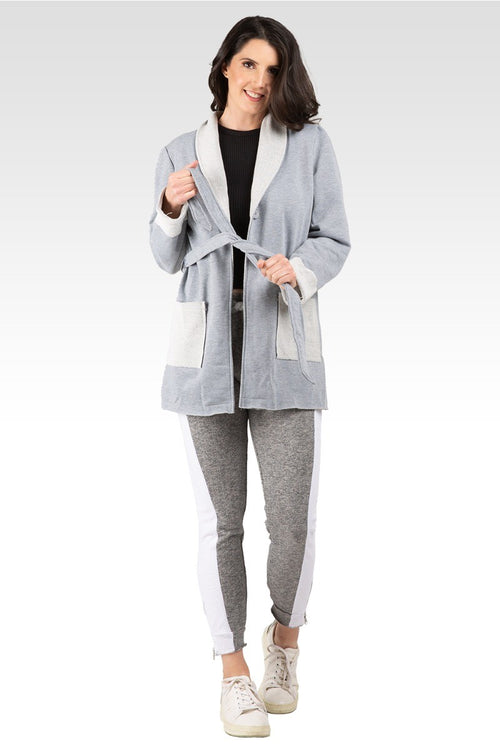 Ivy Women's Reverse Trim Shawl Collared Self Tie French Terry Cardigan