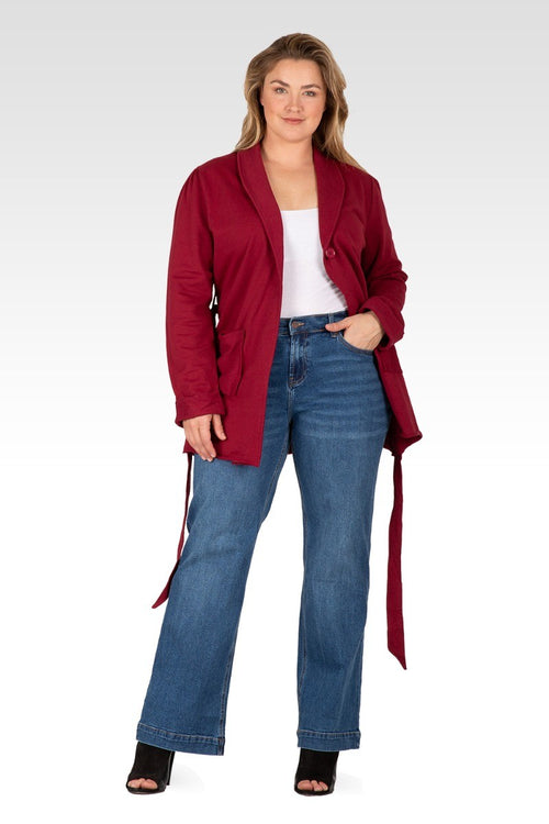Ivy Women's Plus Size Reverse Trim Shawl Collared Self Tie French Terry Cardigan