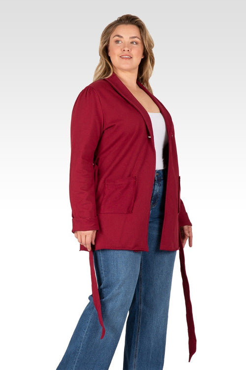 Ivy Women's Plus Size Reverse Trim Shawl Collared Self Tie French Terry Cardigan