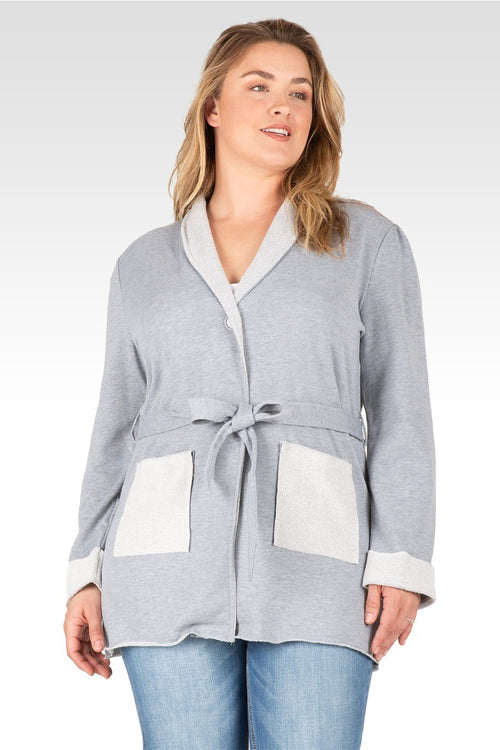Ivy Women's Plus Size Reverse Trim Shawl Collared Self Tie French Terry Cardigan