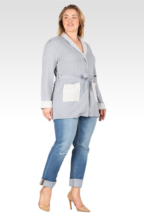 Ivy Women's Plus Size Reverse Trim Shawl Collared Self Tie French Terry Cardigan