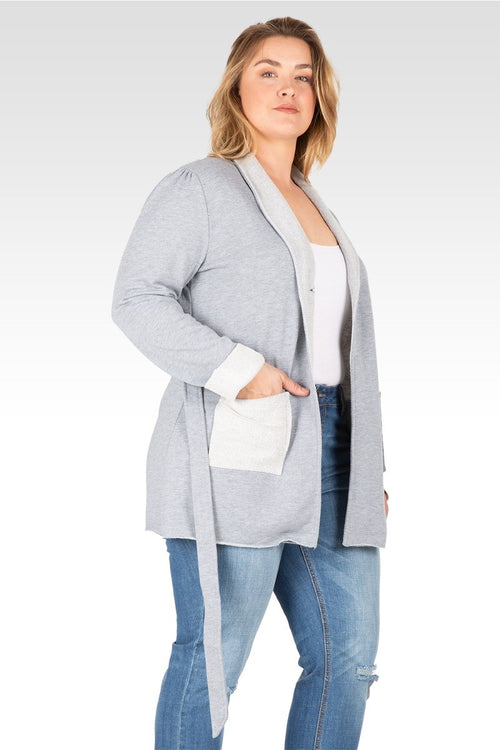 Ivy Women's Plus Size Reverse Trim Shawl Collared Self Tie French Terry Cardigan