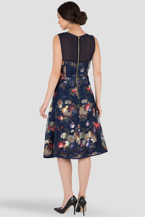 Dark Blue Floral Mesh Print Chiffon A-Line Dress