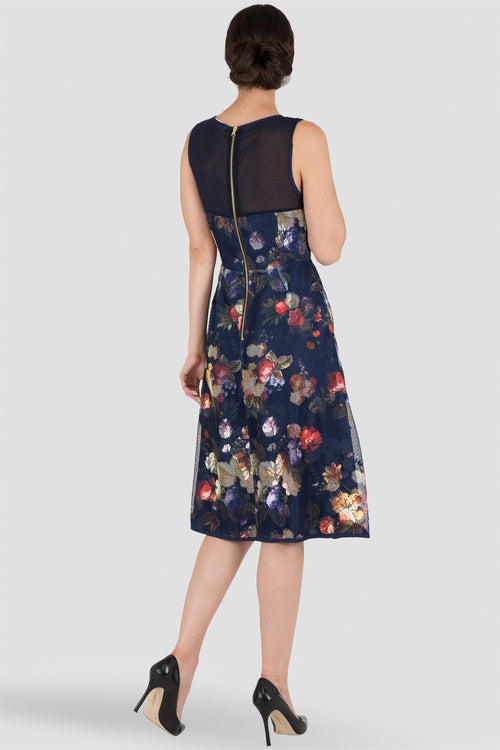 Navy Blue Floral Mesh Print Chiffon A-Line Dress