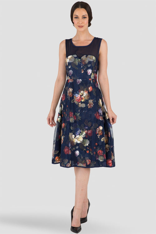 Dark Blue Floral Mesh Chiffon A-Line Zip Back Dress