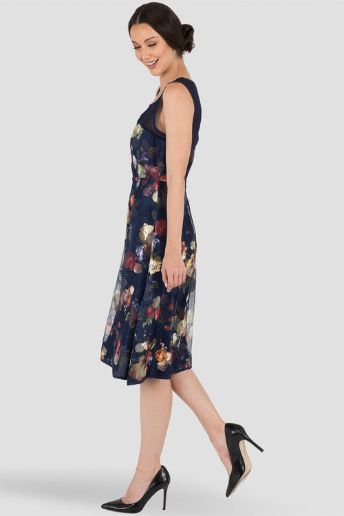 Dark Blue Floral Mesh Chiffon A-Line Dress