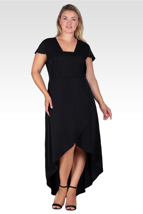 Plus Size Women's Black Cap Sleeve High-Low Tulip Dress