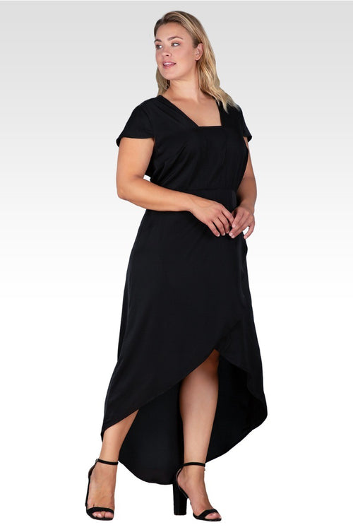 Plus Size Women's Black Cap Sleeve High-Low Tulip Dress