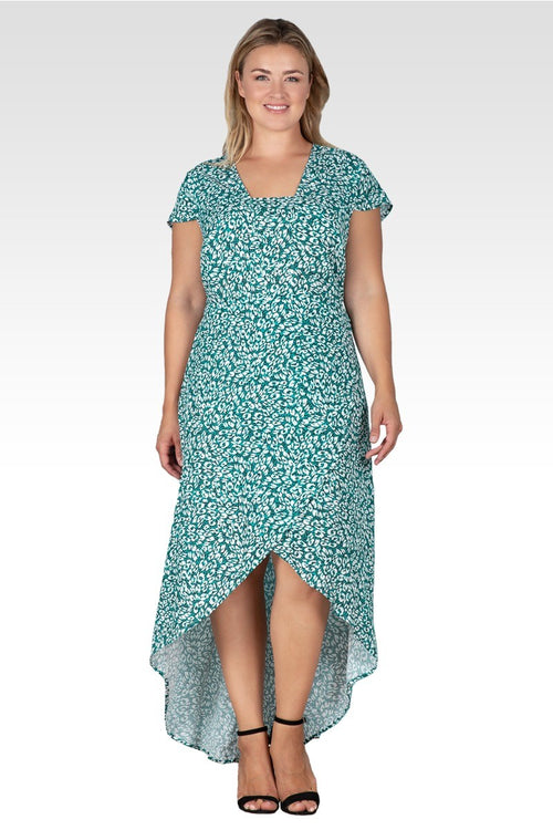 Plus Size Women's Green Leopard Print Cap Sleeve High-Low Tulip Dress