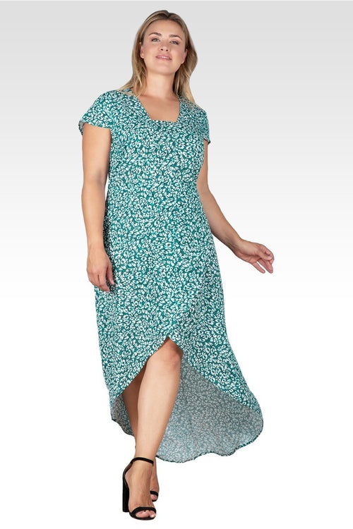 Plus Size Women's Green Leopard Print Cap Sleeve High-Low Tulip Dress