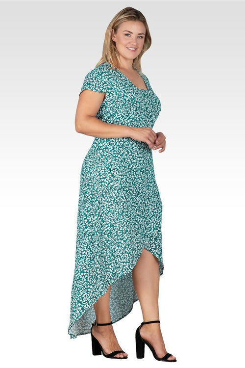 Plus Size Women's Green Leopard Print Cap Sleeve High-Low Tulip Dress
