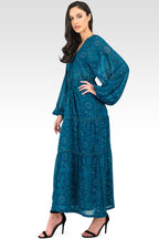 Standards & Practices Curvy Fit Blue Floral Maxi Deep V-Neckline Drawstring Velvet Trim Dress