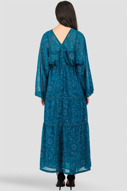 Standards & Practices Women's Curvy Fit Blue Floral Maxi Deep V-Neckline Drawstring Velvet Trim Dress