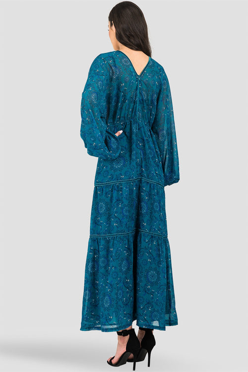 Standards & Practices Women's Blue Floral Maxi Deep V-Neckline Drawstring Velvet Trim Dress