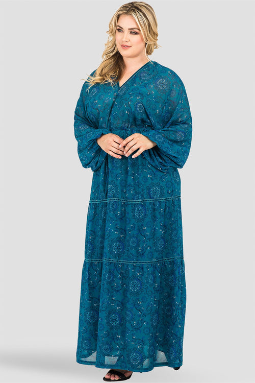 Plus Size Standards & Practices Blue Floral Maxi Deep V-Neckline Drawstring Velvet Trim Dress