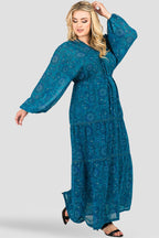 Plus Size Standards & Practices Women's Curvy Fit Blue Floral Maxi Deep V-Neckline Drawstring Velvet Trim Dress