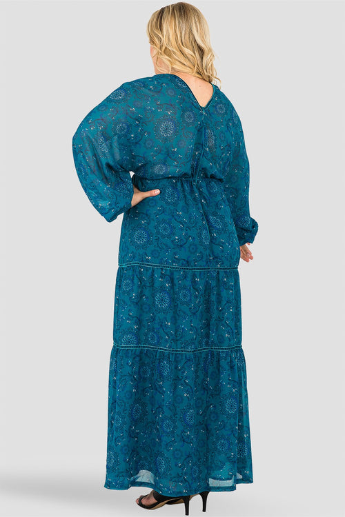 Plus Size Curvy Fit Blue Floral Maxi Deep V-Neckline Drawstring Velvet Trim Dress