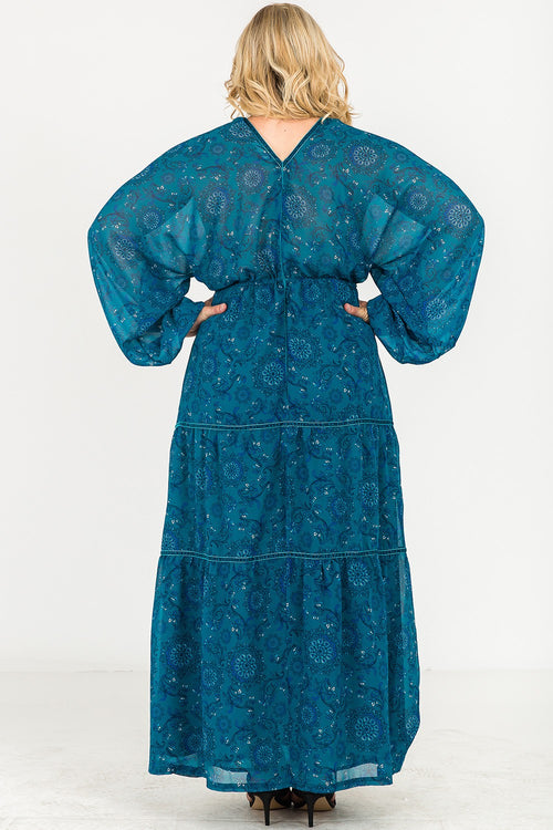 Plus Size Women's Blue Floral Maxi Deep V-Neckline Drawstring Velvet Trim Dress