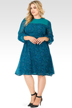 Plus Size Curvy FIt Elsie Medium length flounced sleeve velvet trim peasant dress