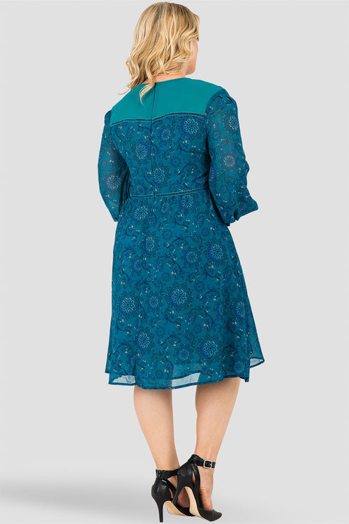 Plus Size Women's Elsie Medium length flounced sleeve velvet trim peasant dress