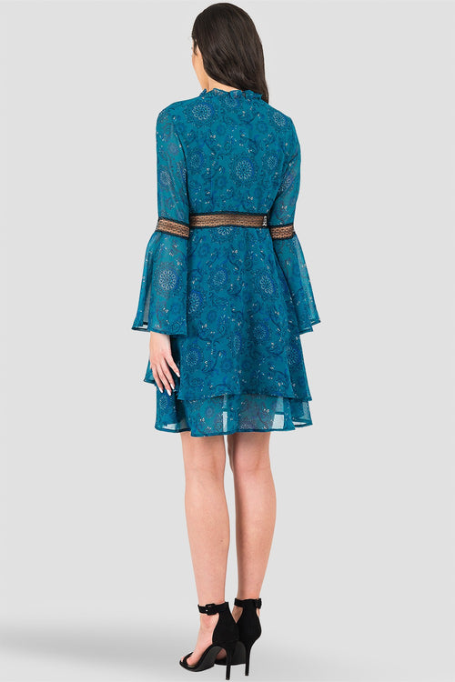 Standards & Practices Women's Etsy Wrap Over Flared Sleeves Tiered Skirt with Velvet Trim Dress