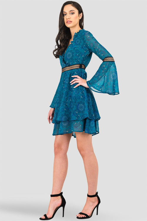 Standards & Practices Curvy fit Etsy Wrap Over Flared Sleeves Tiered Skirt with Velvet Trim Dress