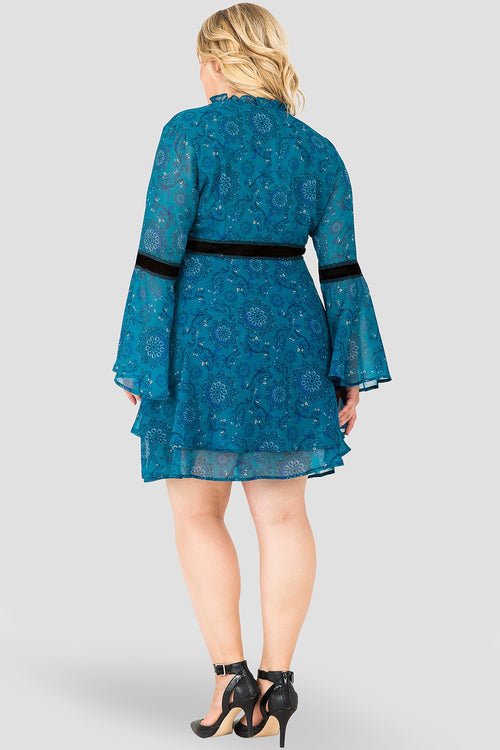 Plus Size Standards & Practices Etsy Wrap Over Flared Sleeves Tiered Skirt with Velvet Trim Dress-FRONT